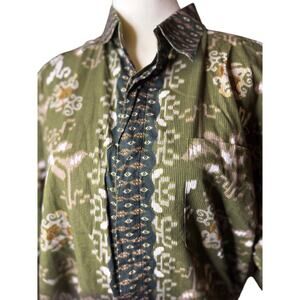 Mataro Batik Shirt, Green & Gold Ikat Print, Men's Size XL